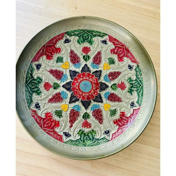 Vintage Decorative Metal Plate Wall Art Painted Hammered Floral Hanging